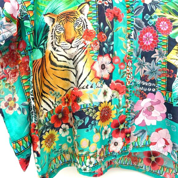Johnny Was Tigres Et Fleurs Silk Button Down Shirt Tropical Tiger XS Blouse - Picture 8 of 11
